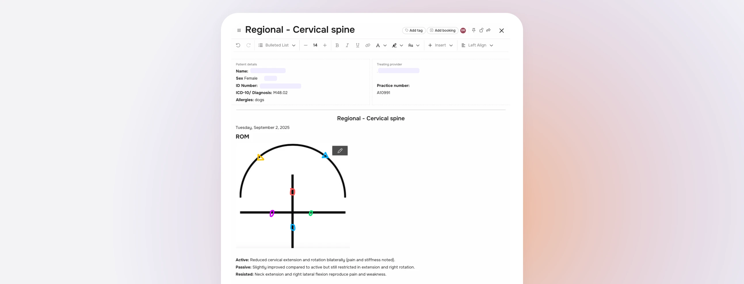Screenshot of a document in Bookem titled 'Regional - Cervical spine'