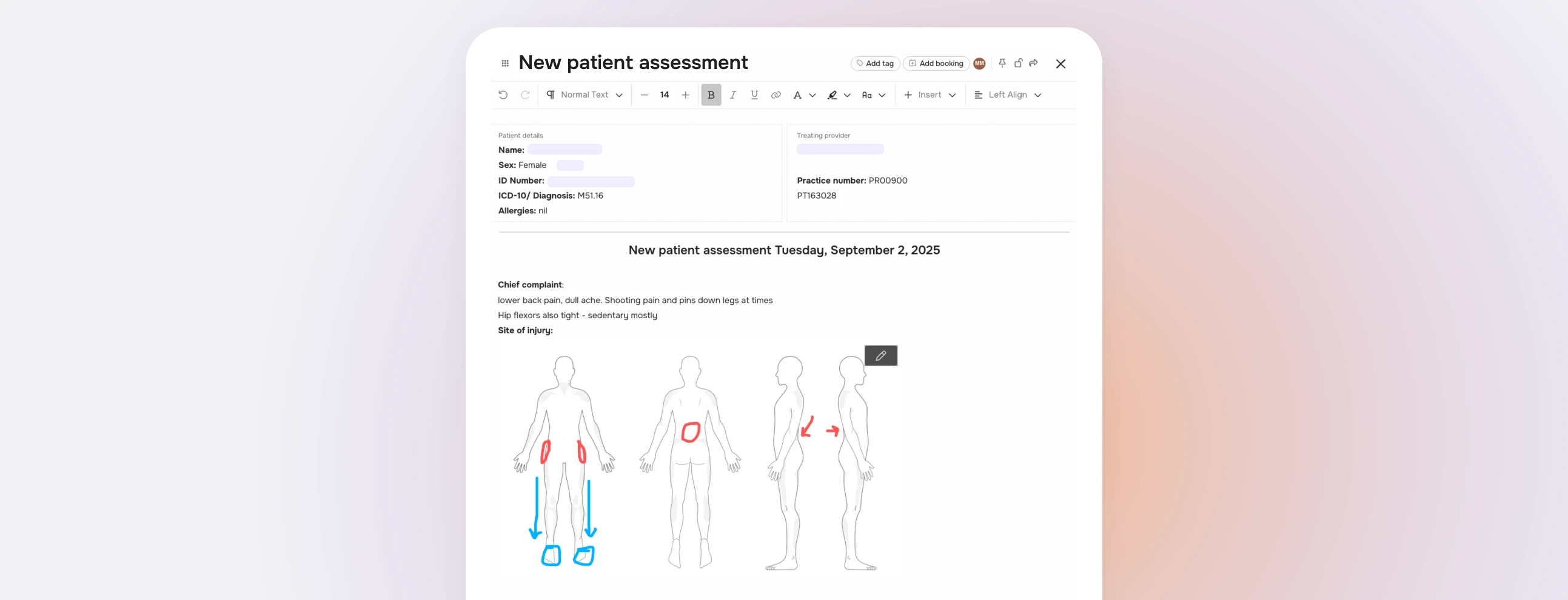 Screenshot of a document in Bookem displaying a body chart